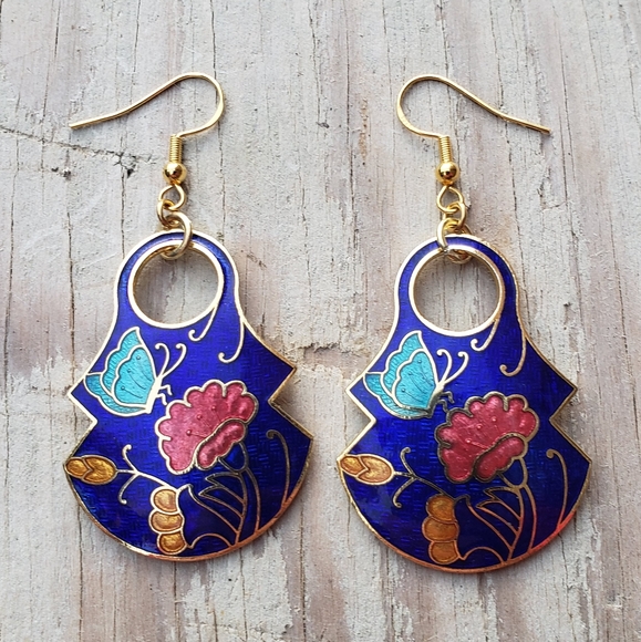 Unique Oversized Cloisonne Statement Earrings with 925 Sterling Silver Hooks - Picture 3 of 3